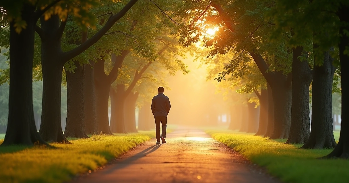 Person walking alone on a quiet park path at sunrise 
