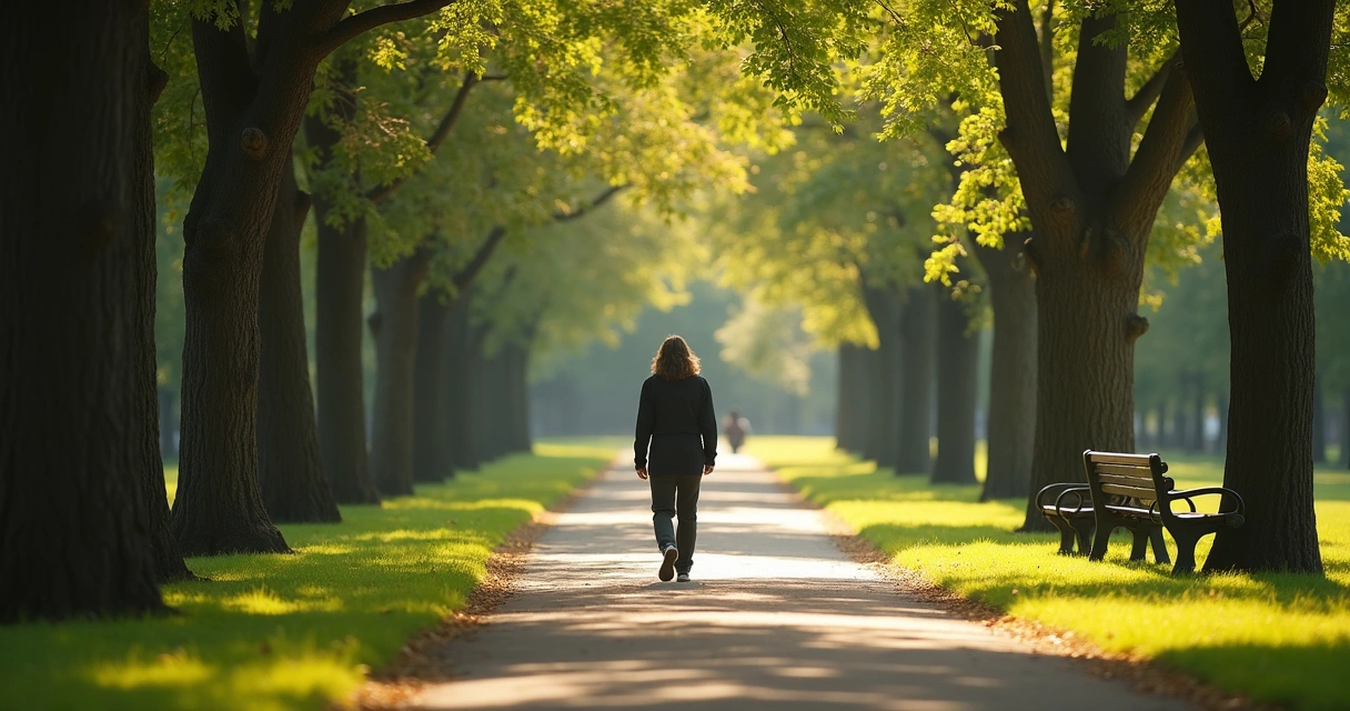 Person walking alone in a quiet park path