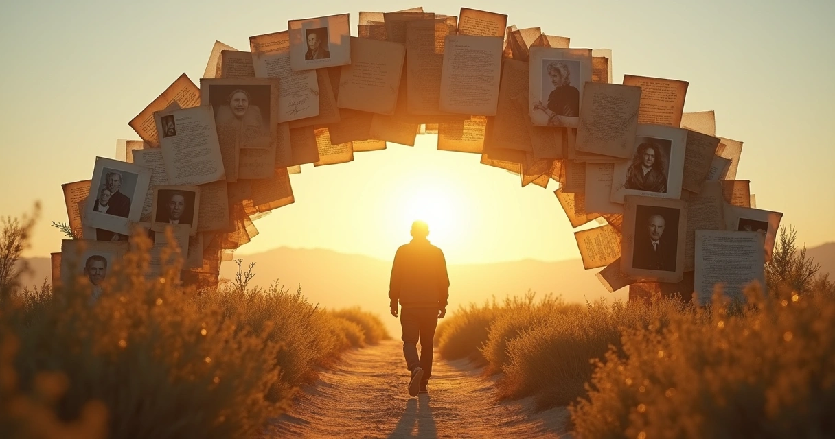 Person walking through archway made of translucent family photos 