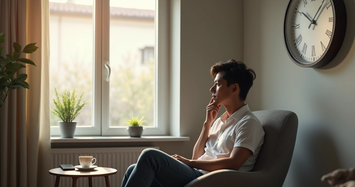 Person sitting by a window watching a wall clock in soft afternoon light