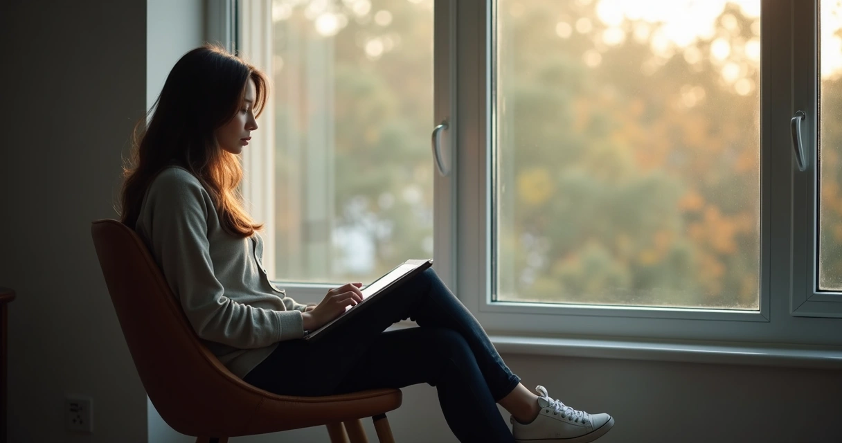 Person sitting by window in quiet contemplation with notebook