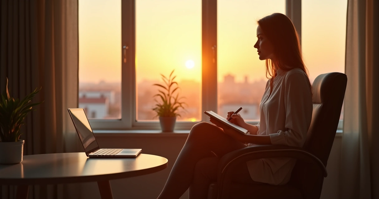 Person reflecting by a window with notebook in hand at sunrise 