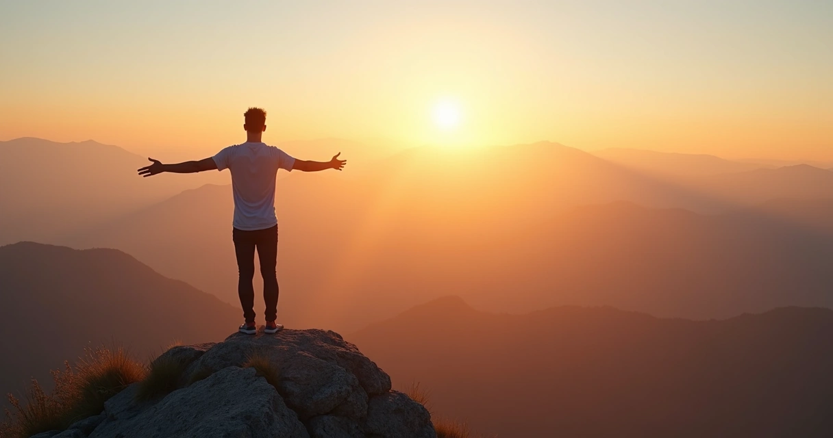 Person standing with open arms on a mountain, clearly relaxed and confident 