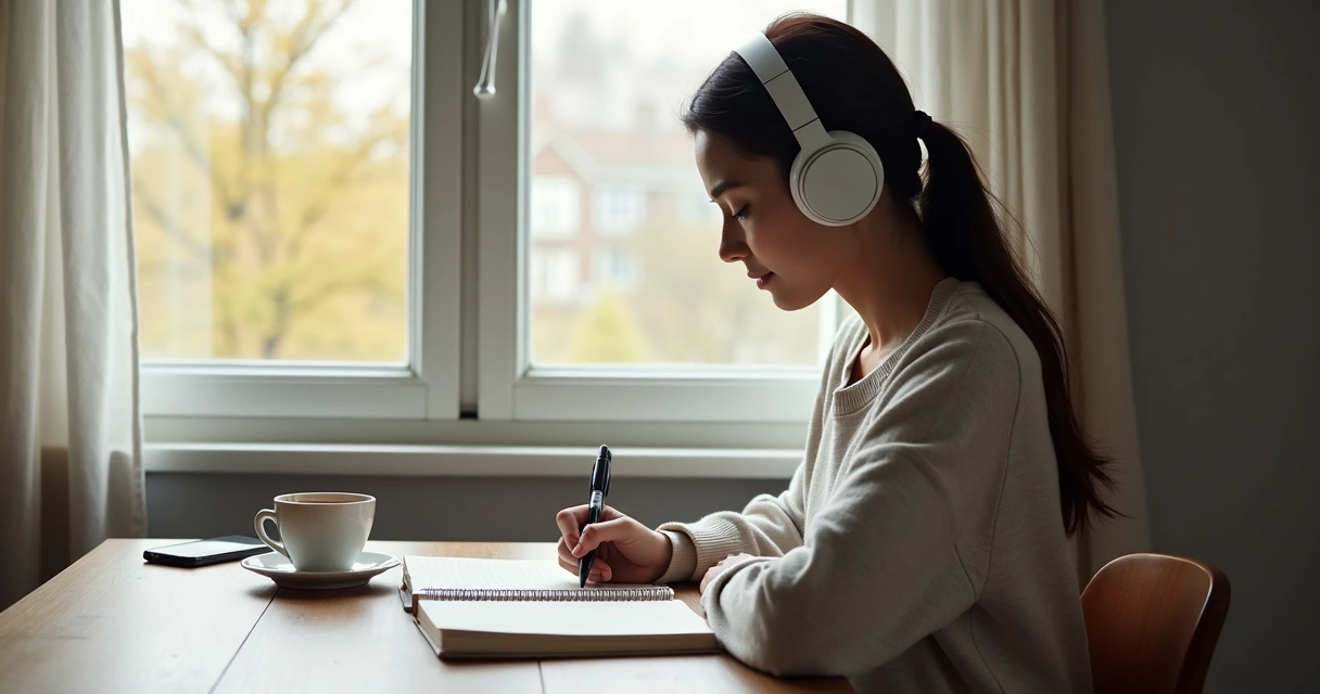 Person with headphones writing in a journal by a window 