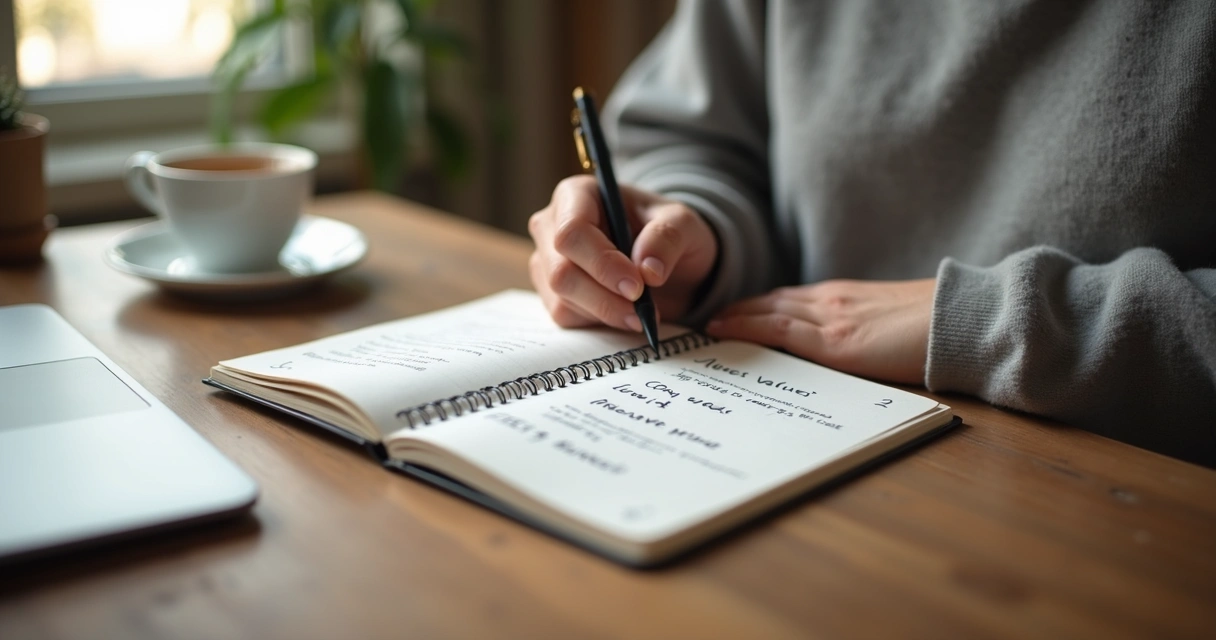 Person writing priorities in a notebook at a desk