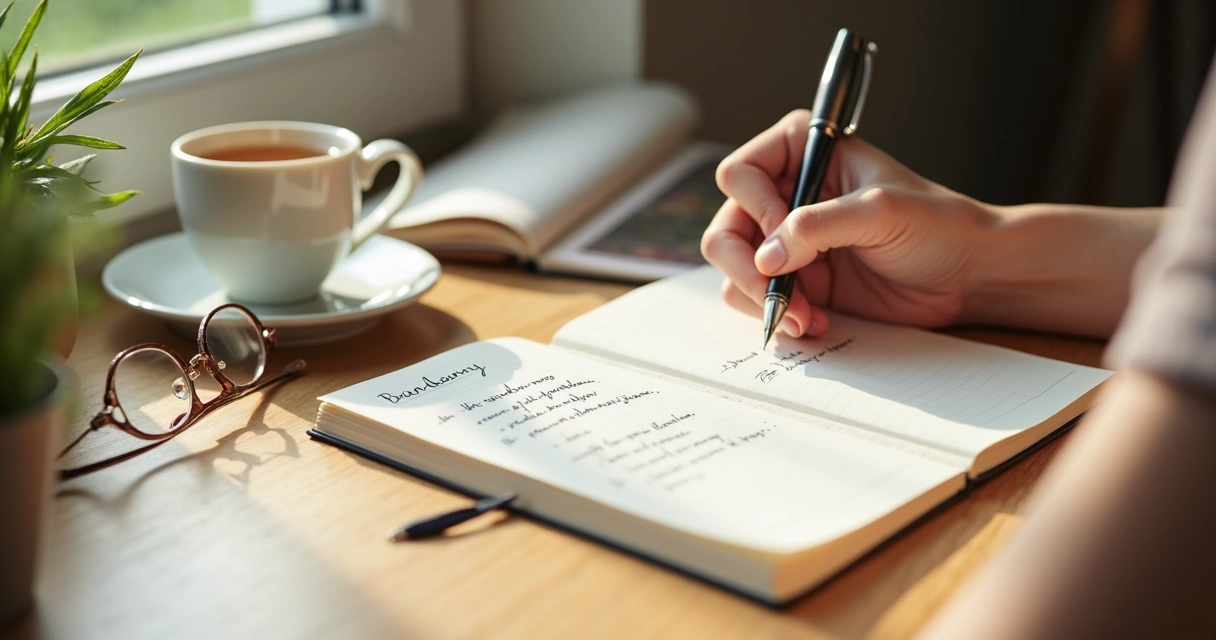 Person writing a clear boundary note in a journal 
