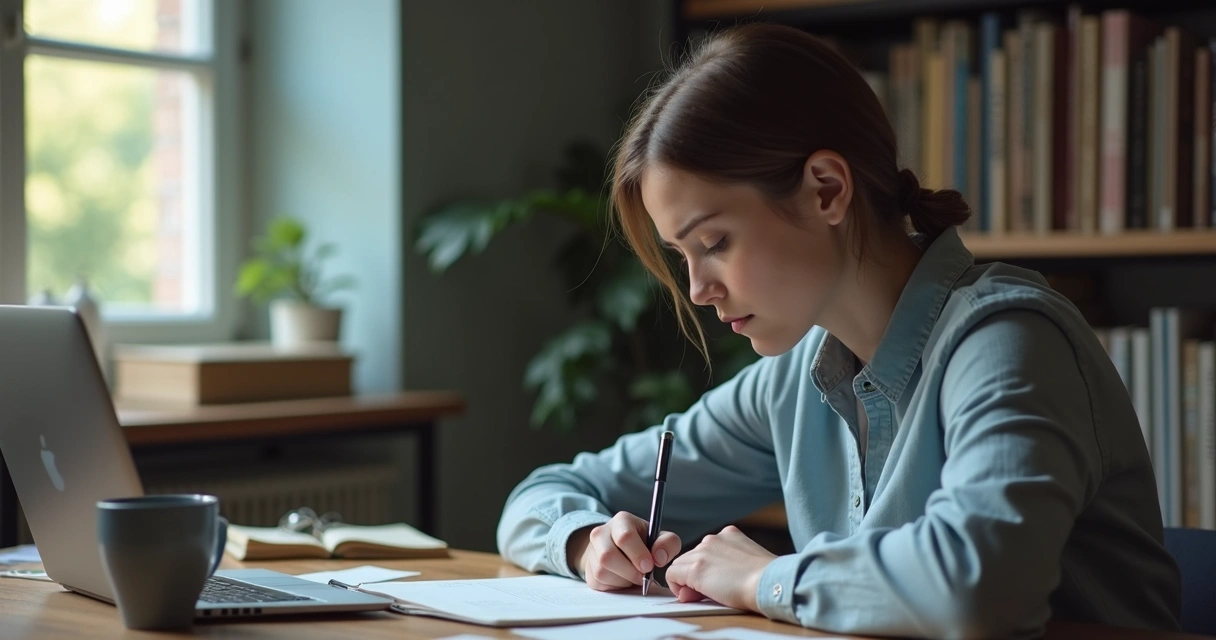 Person writing at desk with a visible pause in breathing posture 