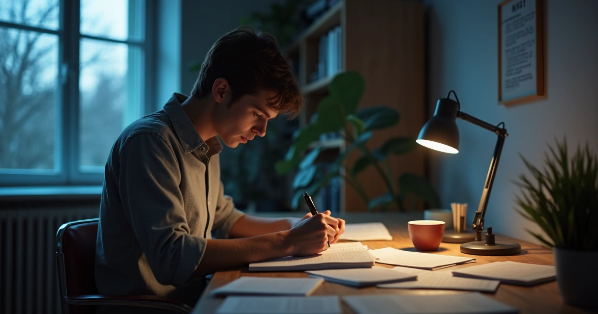 Person writing in a notebook by a window at dusk