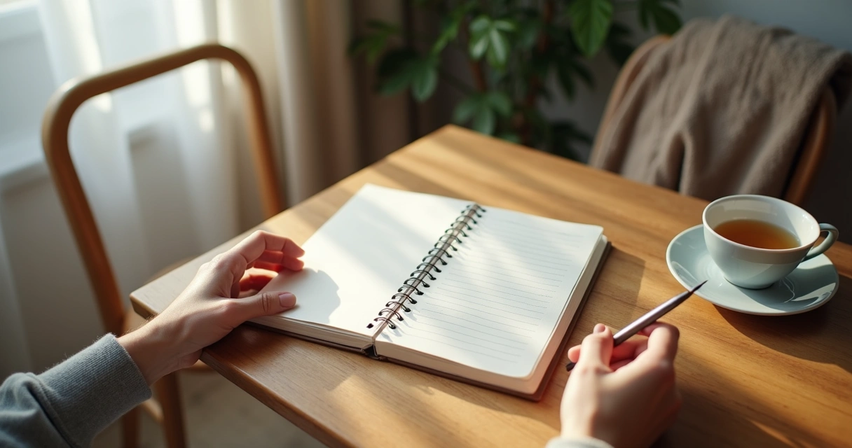 Notebook with a short plan beside tea and a calm desk 