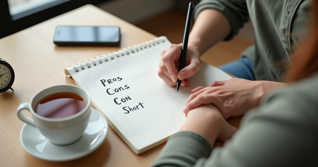 Person writing a short decision list in a notebook 