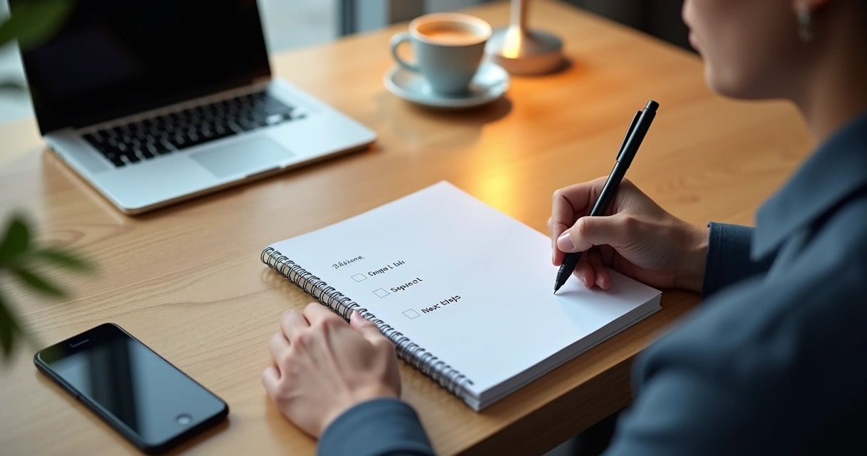Person writing a decision list in a notebook at a desk