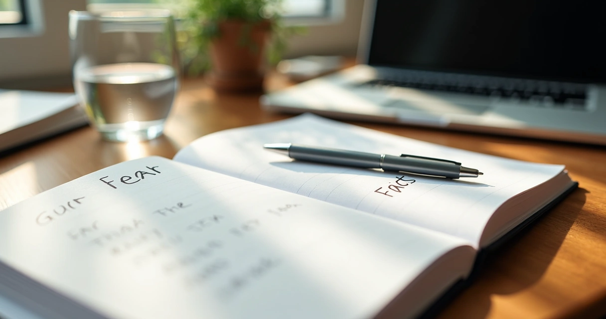 Notebook with fear and facts columns on a desk 