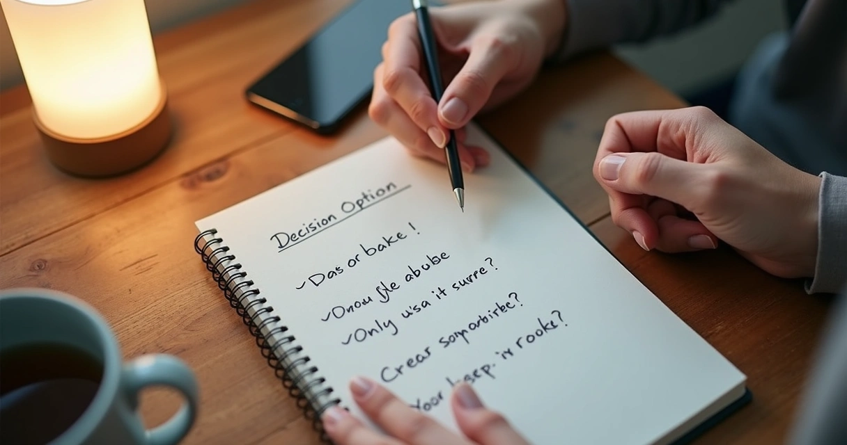 Notebook with two decision options written by hand on a desk 