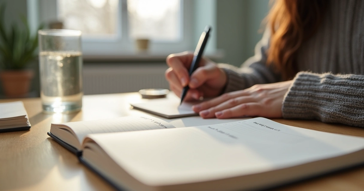 Person writing feelings and boundaries in a notebook at a quiet table
