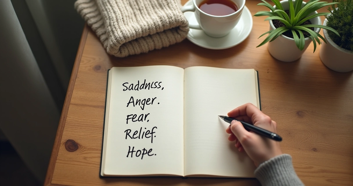 Open journal with emotion words and a hand writing at a desk