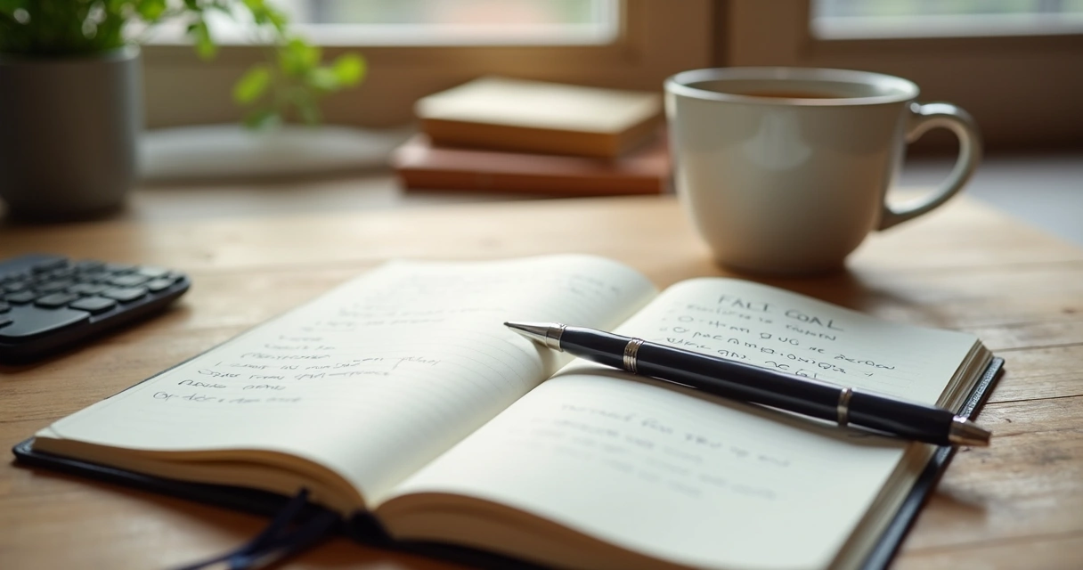 Notebook with handwritten goals and a weekly plan on a desk 