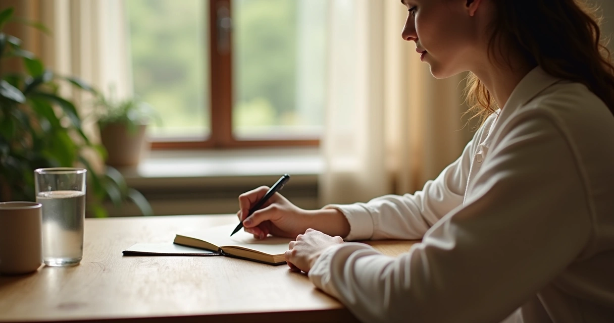 Person writing in a journal by a window