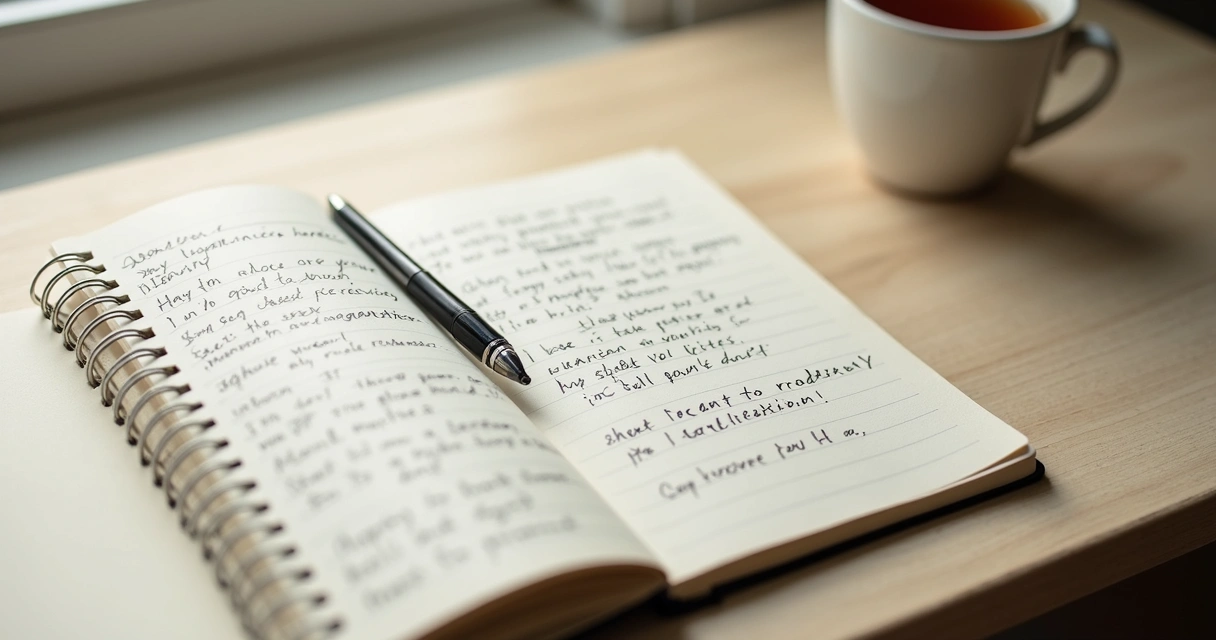 Notebook with handwritten thoughts beside a cup of tea