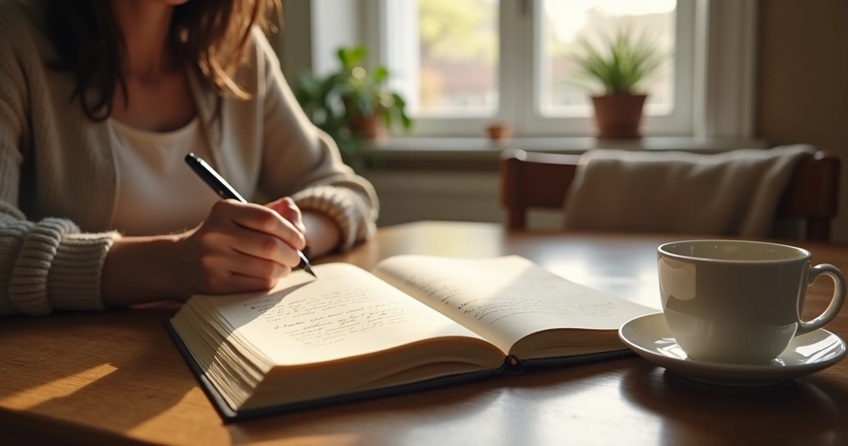 Person writing in a journal beside a cup of tea 