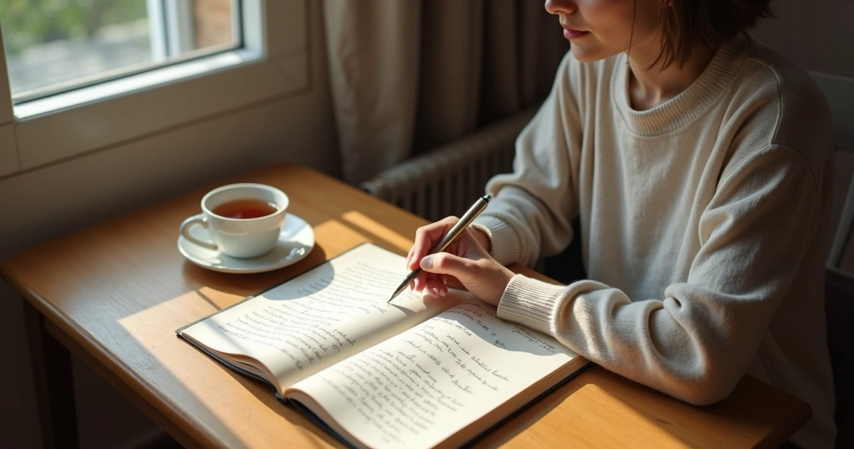 Person writing in a journal beside a cup of tea 