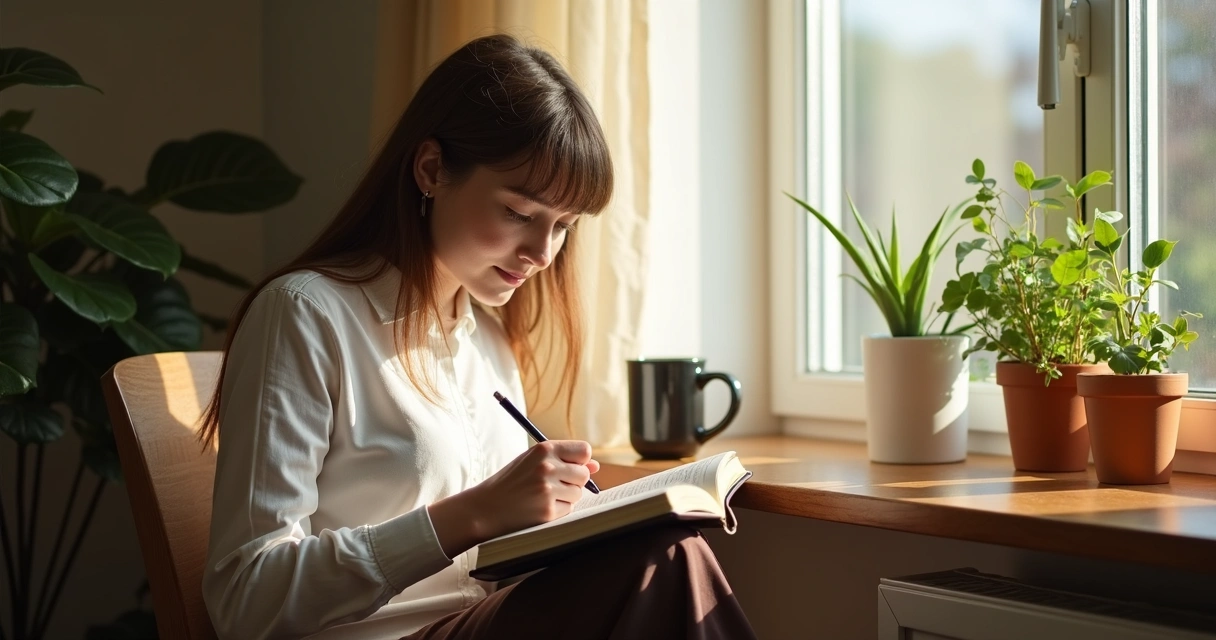 Person writing in journal by window 