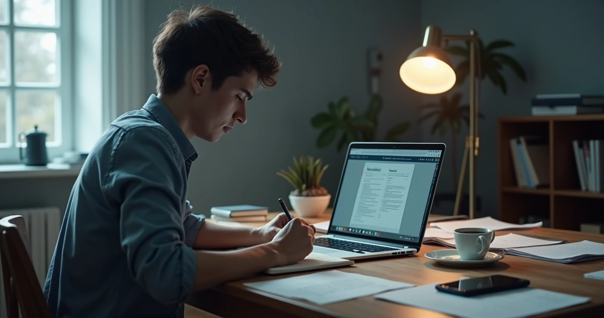 Notebook with pros and cons list beside a tense person at a desk