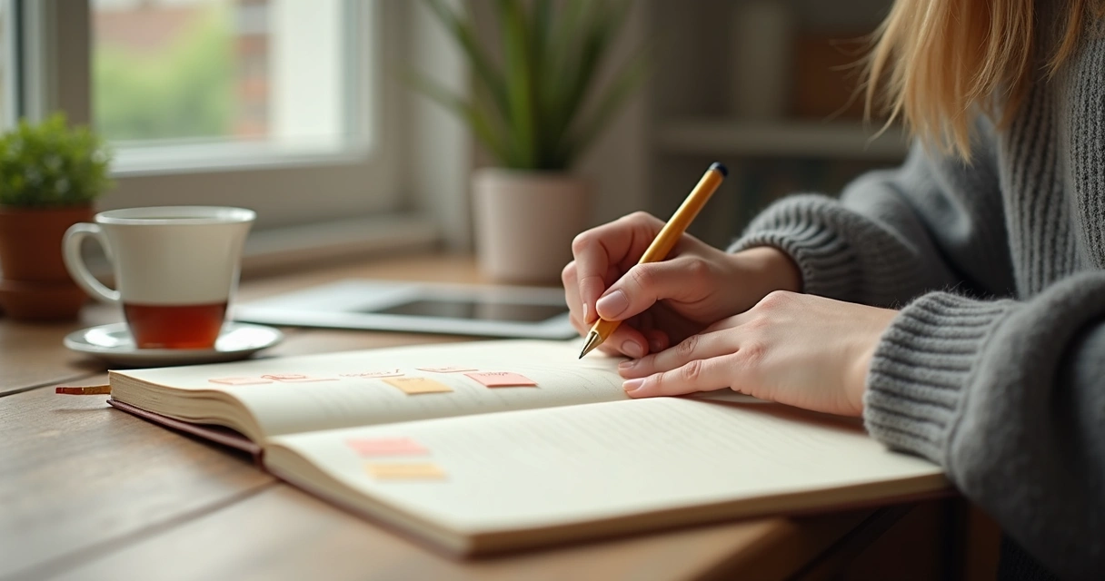 Person writing in a journal beside a window 