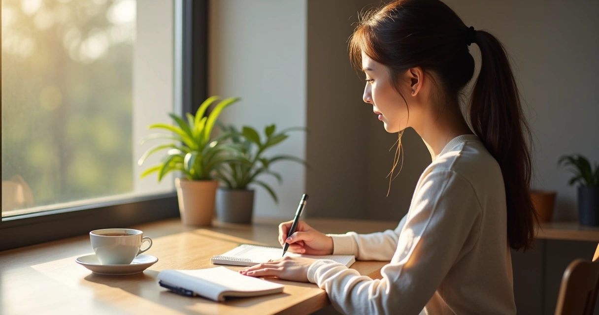 Person writing in a journal by a window with soft morning light