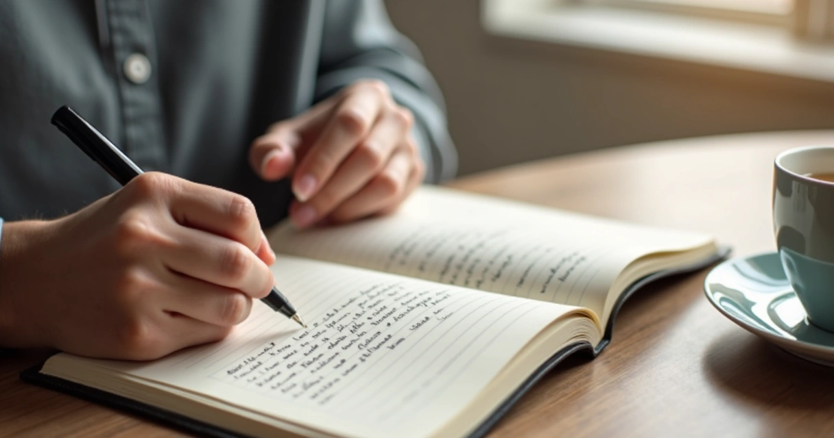 Open journal, pen, and hands writing by a window