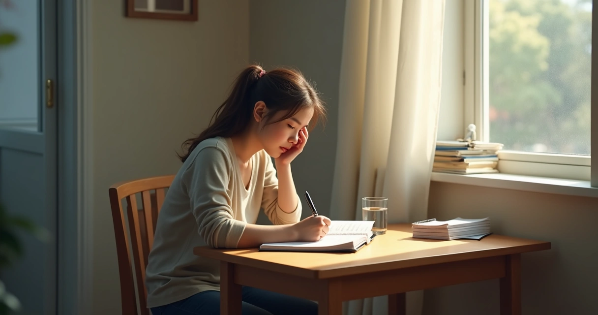 Person writing in a journal by a window 