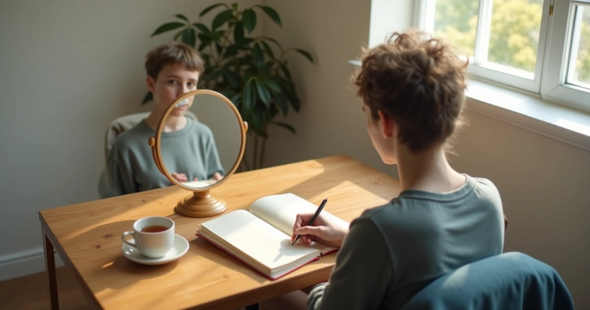 Person writing in a journal beside a mirror with soft window light