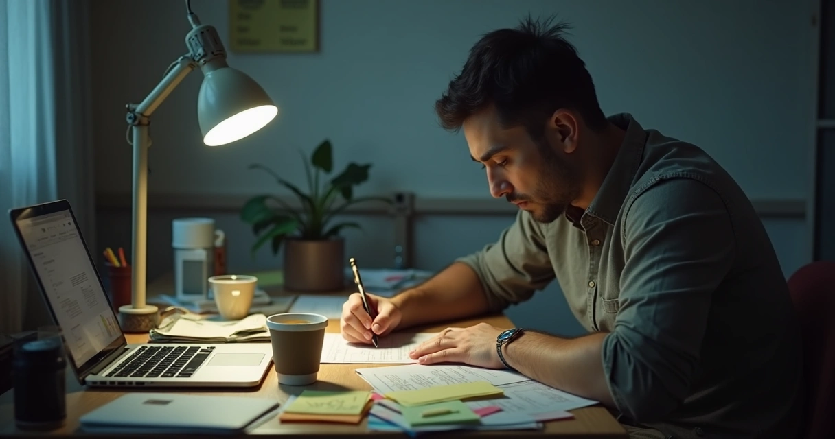 Person writing at a desk surrounded by sticky notes and a dim workspace 