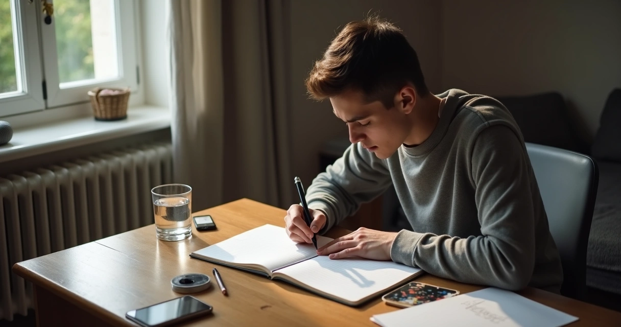 Person writing pros and cons in a notebook at a desk