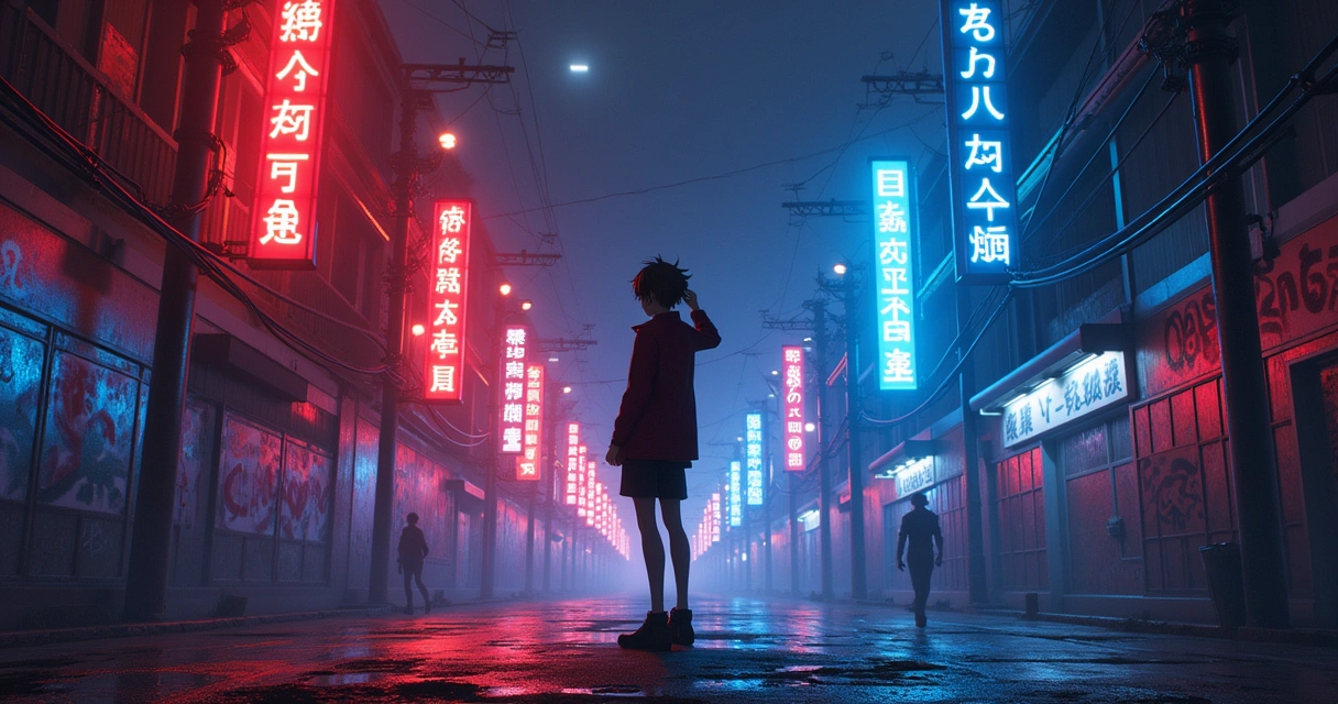 Cena vibrante inspirada em Persona 5 Royal, um jovem com uniforme escolar em um cenário urbano noturno. 