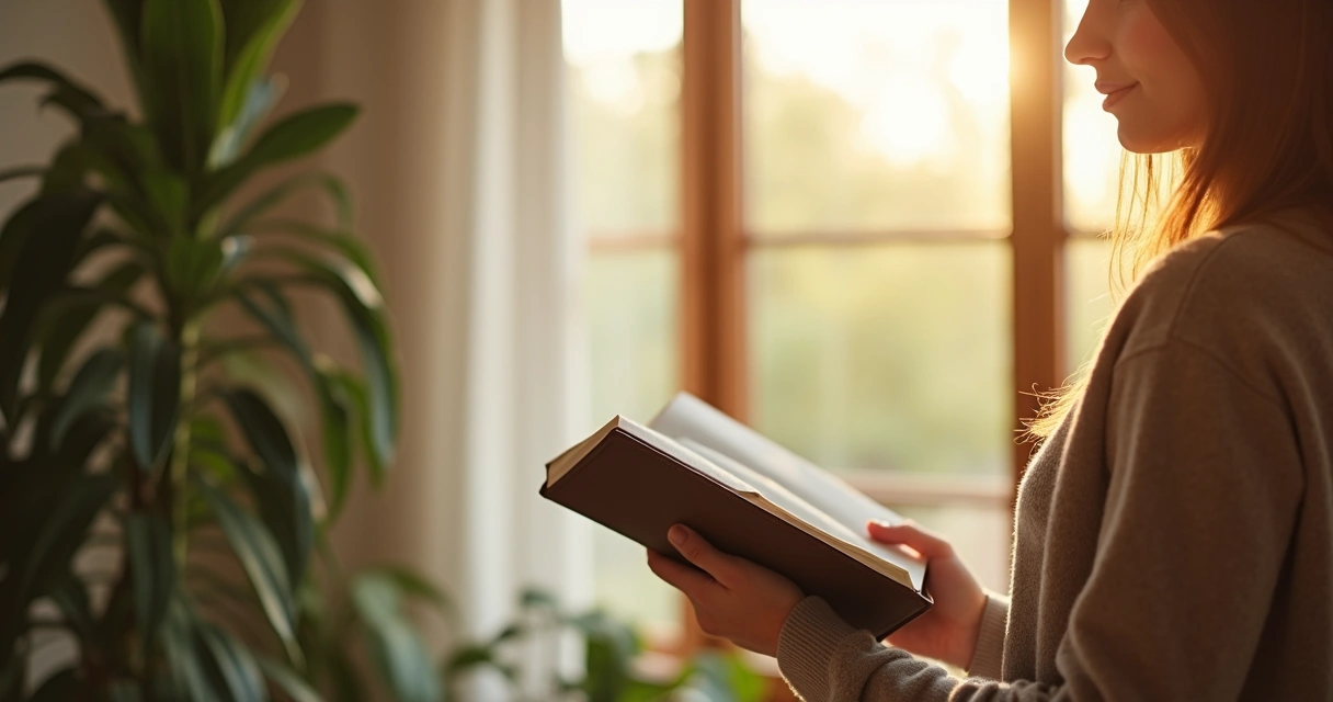 Persona sosteniendo cuaderno abierto, frente a ventana con luz natural