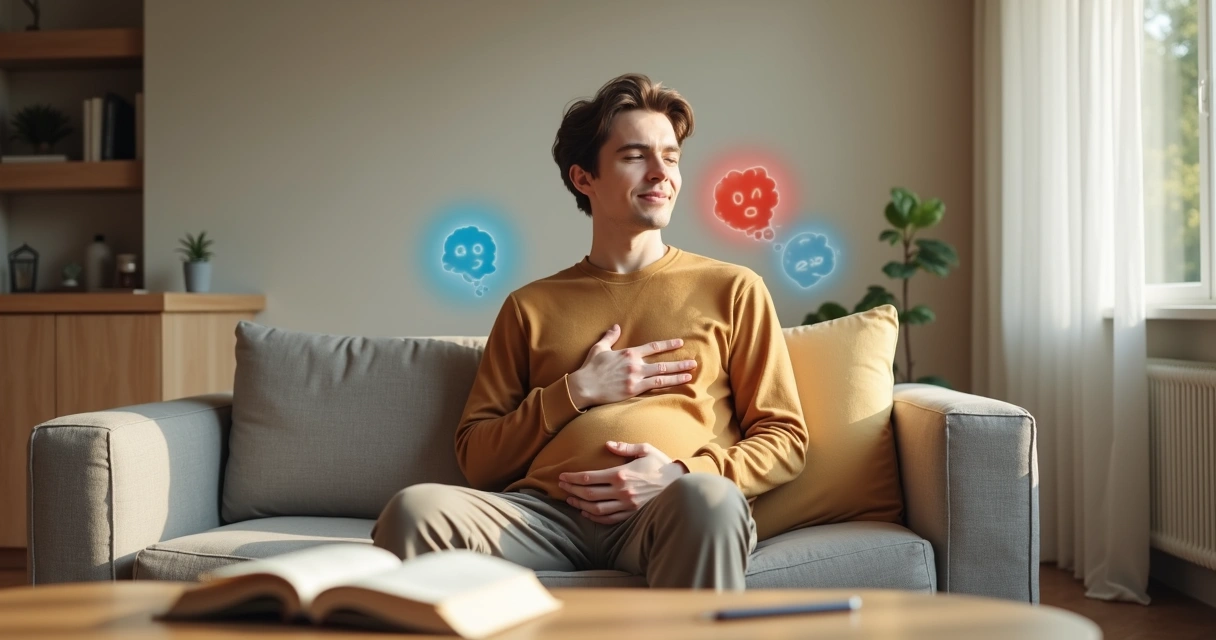 Persona sentada con la mano en el pecho observando sus emociones con calma 