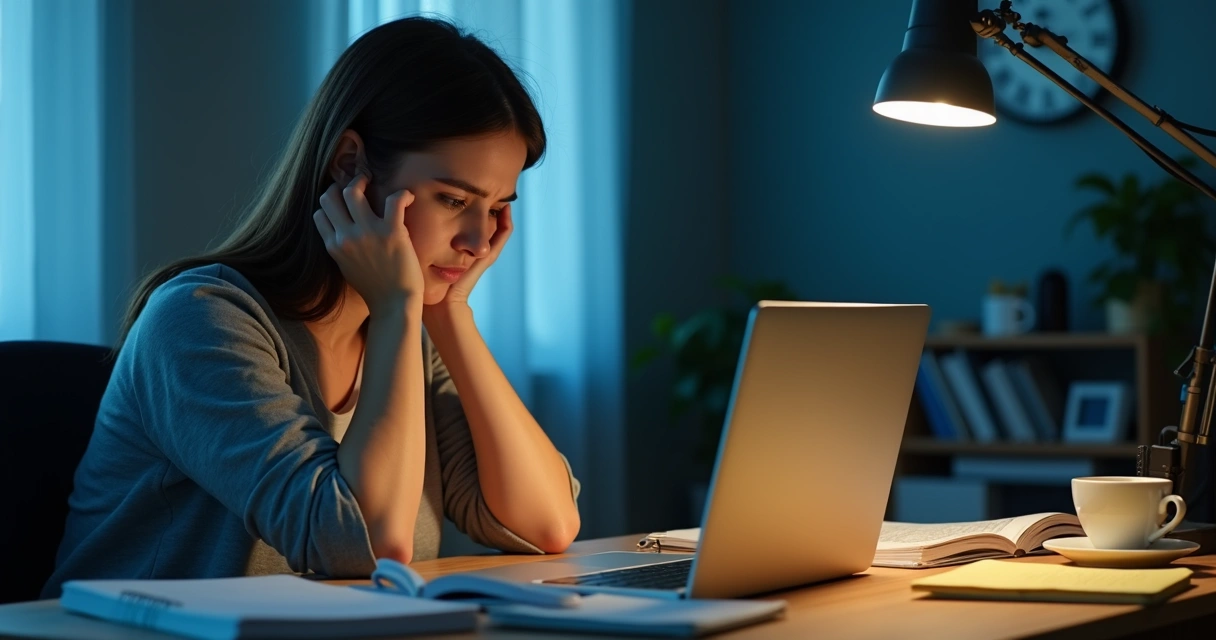 Persona cansada frente a un escritorio con notas y portátil 