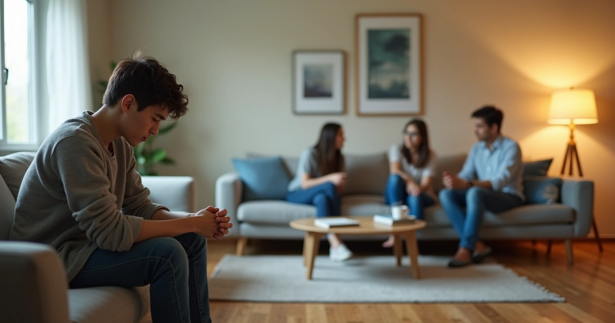 Persona sentada aislada en un sofá mientras una familia conversa al fondo 