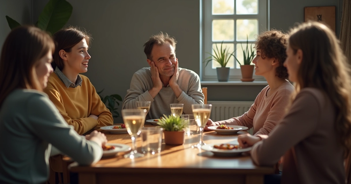 Persona aislada en una mesa familiar mientras los demás conversan