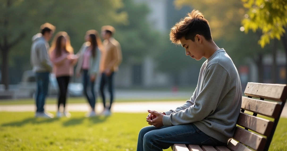 Persona joven sentada sola mientras un grupo social conversa al fondo 
