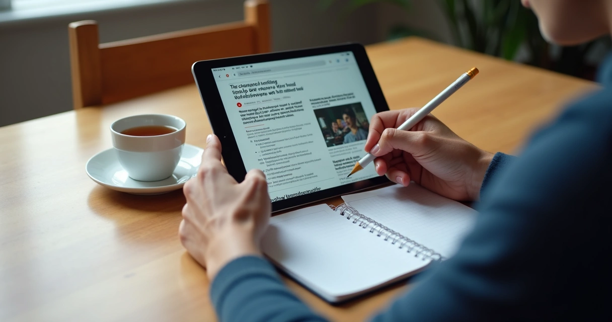 Persona tomando notas frente a noticias en una tableta 