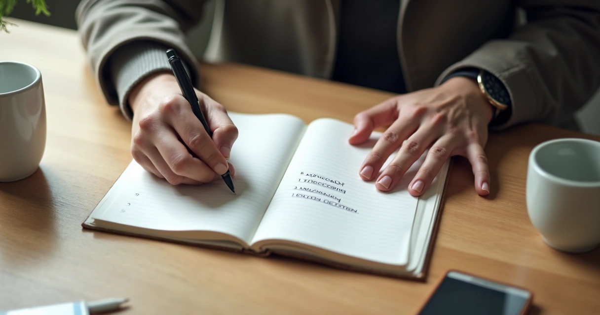 Persona anotando opciones en una libreta junto a un reloj y una taza