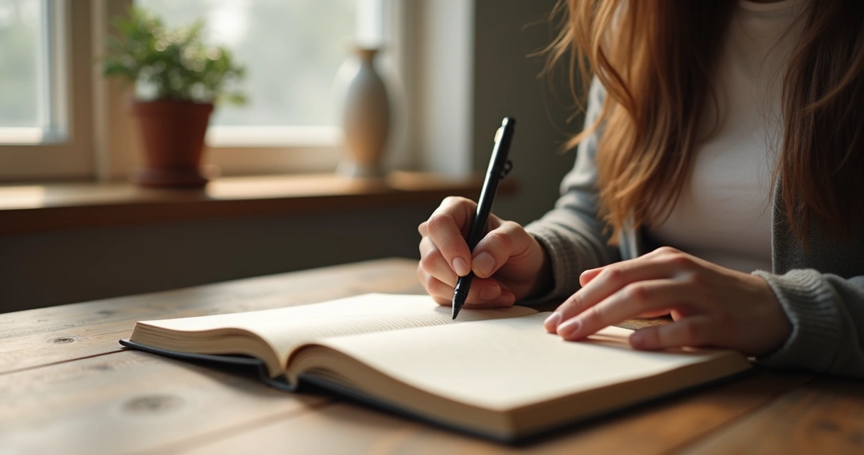Persona escribiendo en un diario, sentado en una mesa con luz natural 