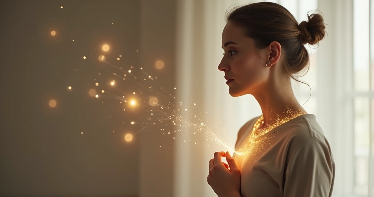 Persona observando hilos invisibles que la atan mientras rompe uno de ellos 