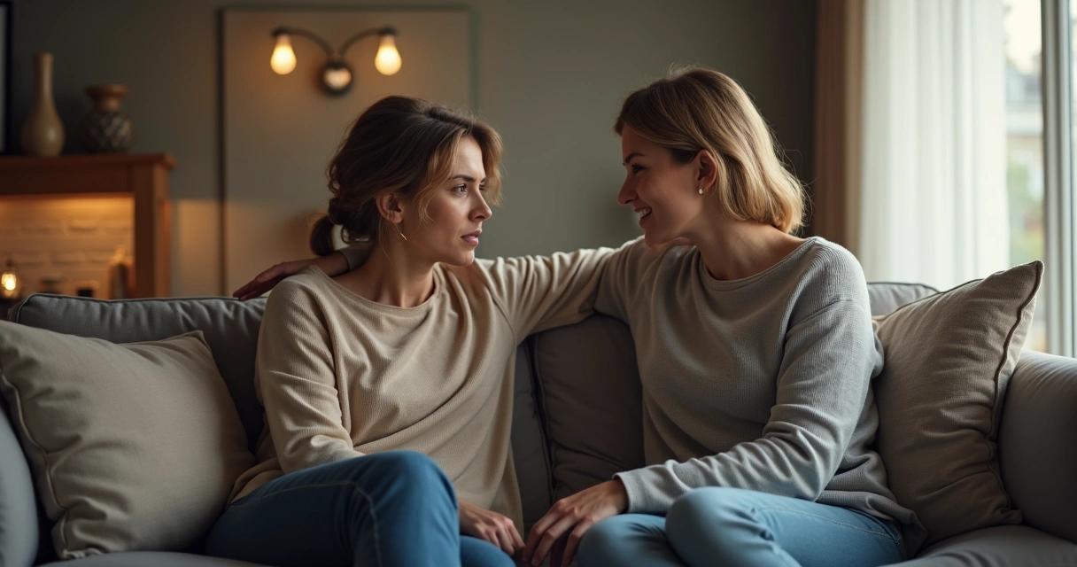 Dos personas conversando en un sofá, una apoya a la otra 