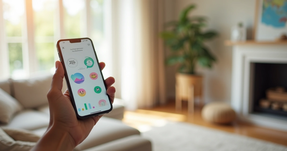 Mano usando una app de reflexión personal en un móvil moderno, fondo desenfocado de sala luminosa. 