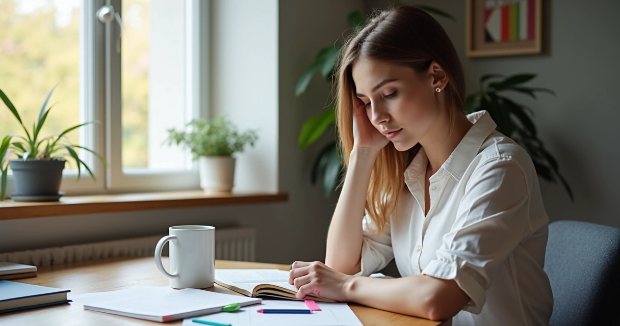 Mujer practicando nuevo hábito en casa con libros y cuaderno 