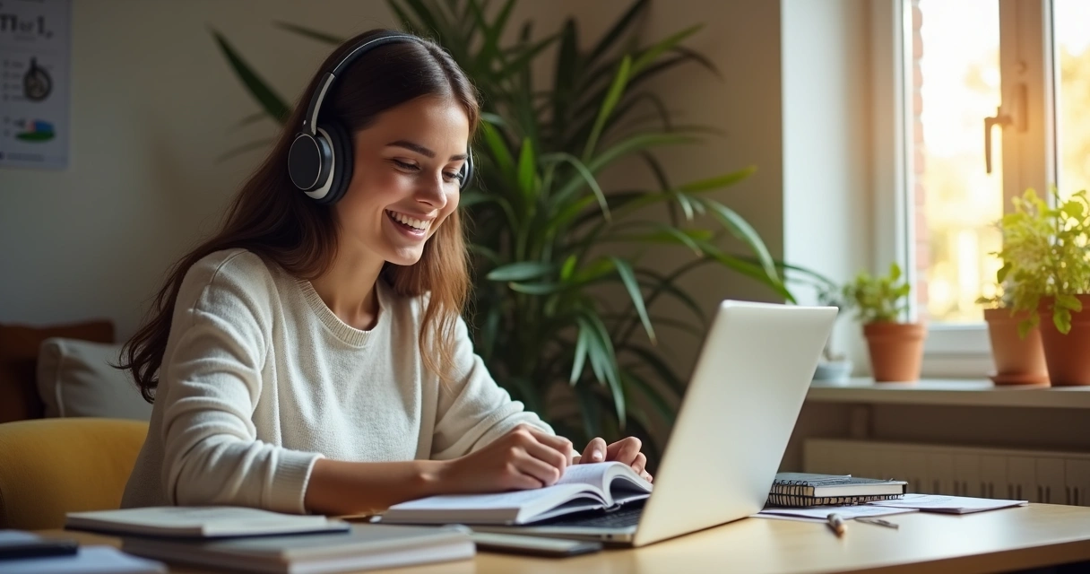 Persona adulta aprendiendo un nuevo idioma utilizando tecnología