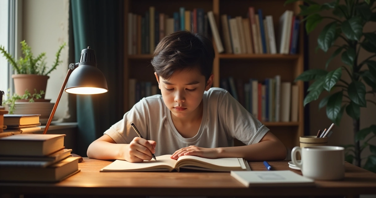 Persona escribiendo en un cuaderno en ambiente tranquilo de aprendizaje.