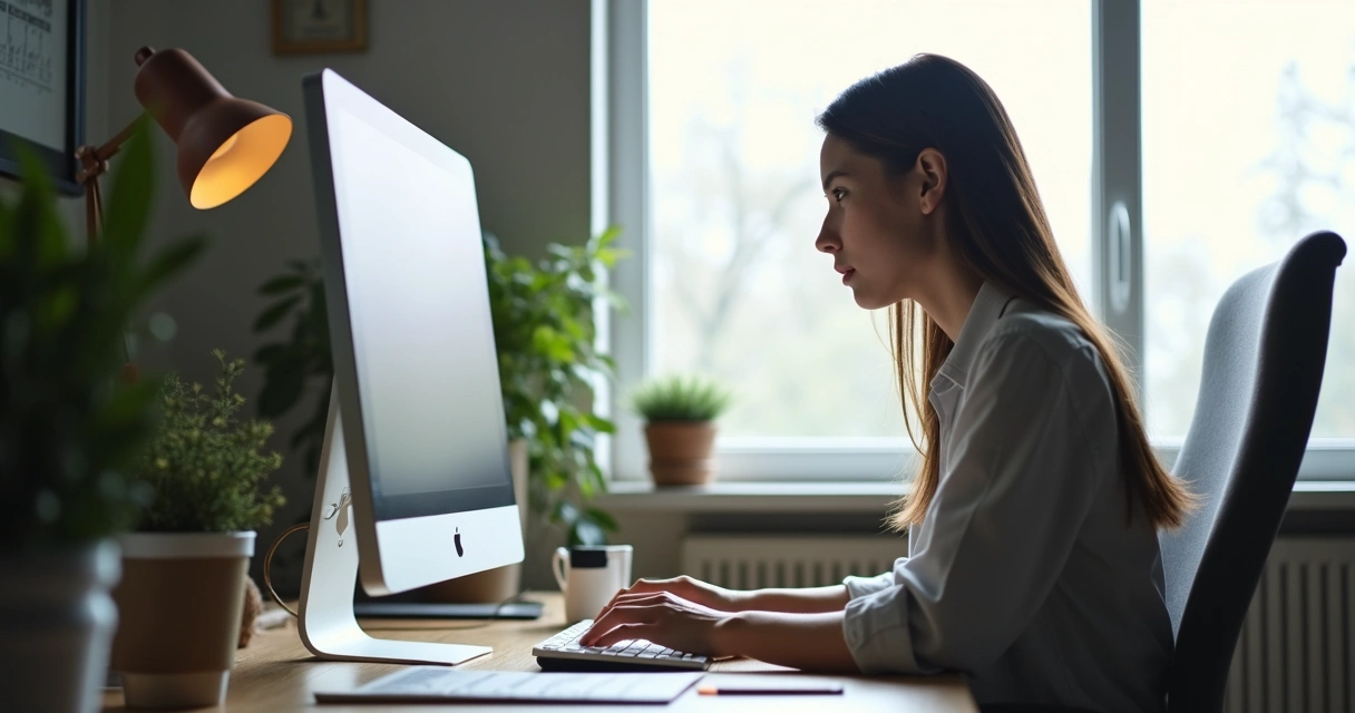 Persona atenta trabajando en escritorio iluminado 